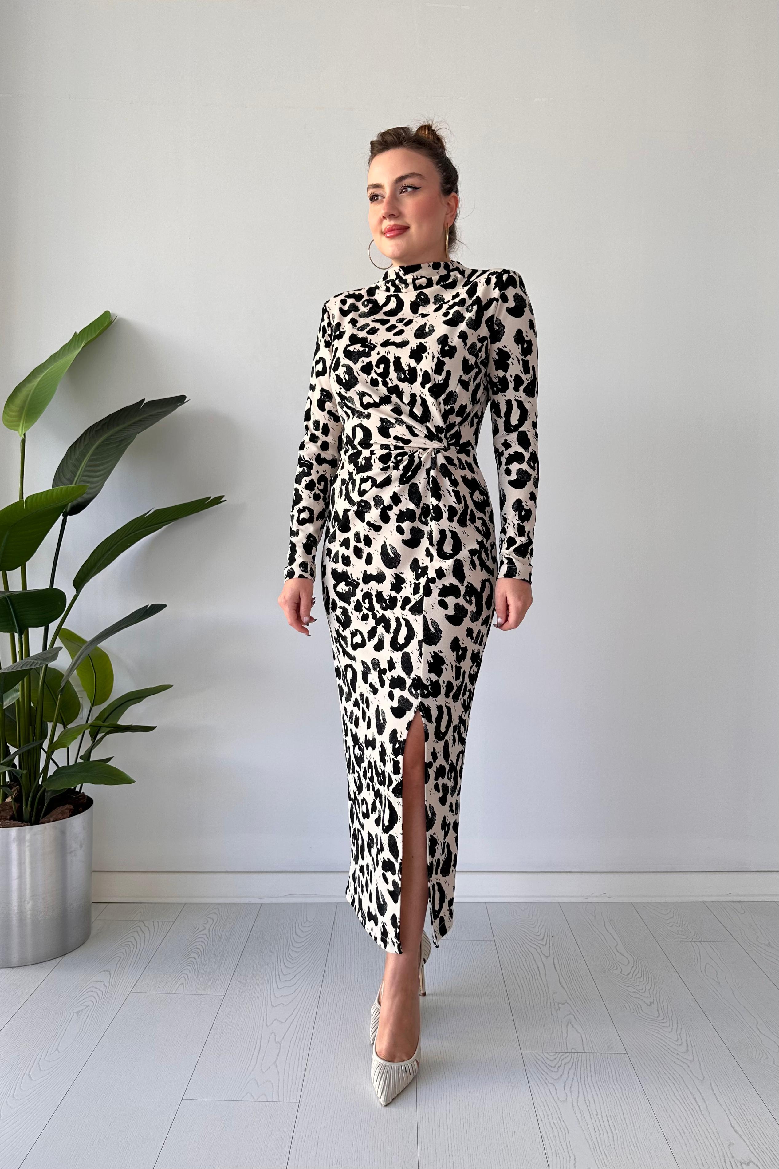 Uzun Kol Keopar Krep Elbise