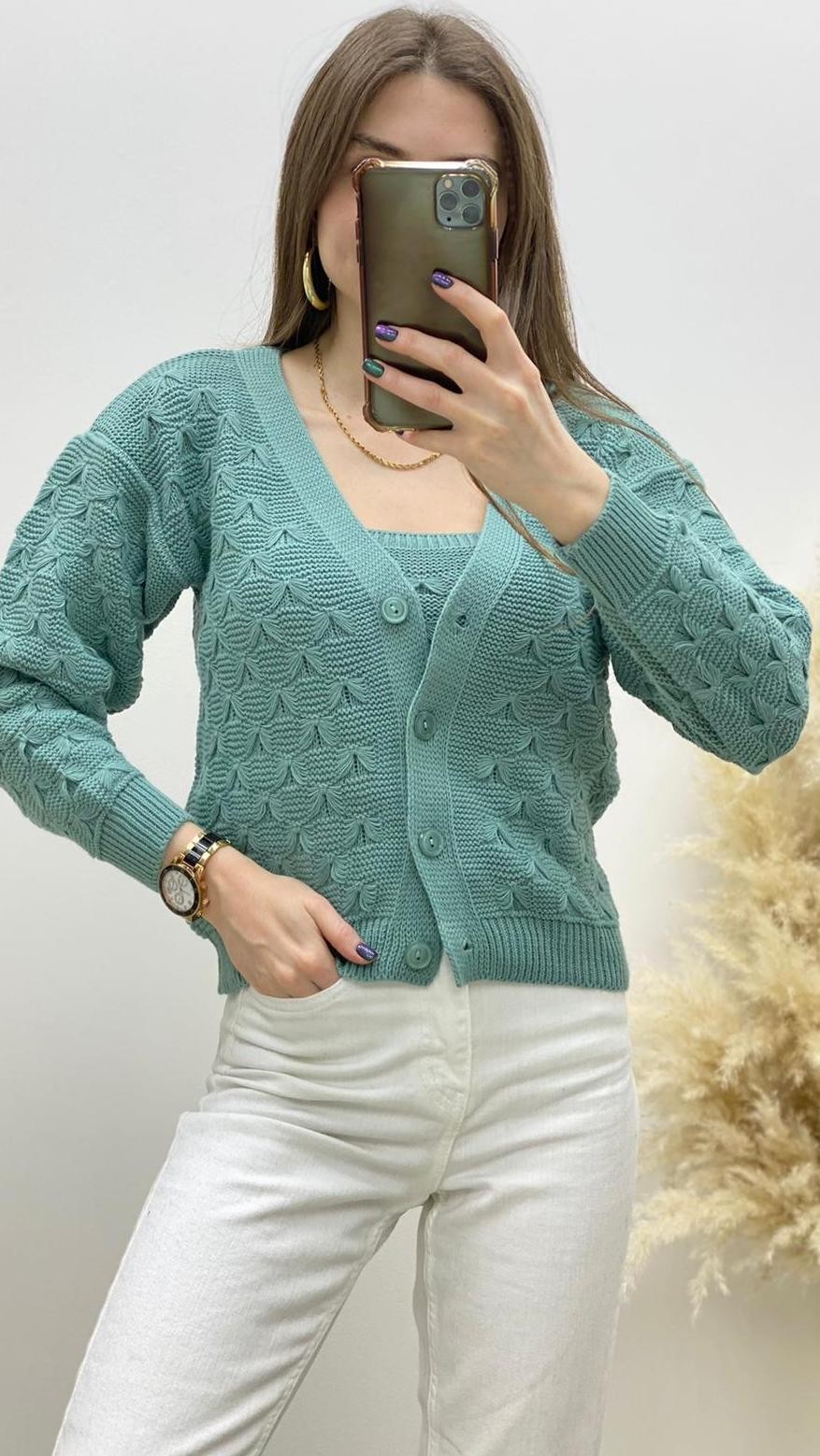 Fiyonk Motifli Triko Takım Mint