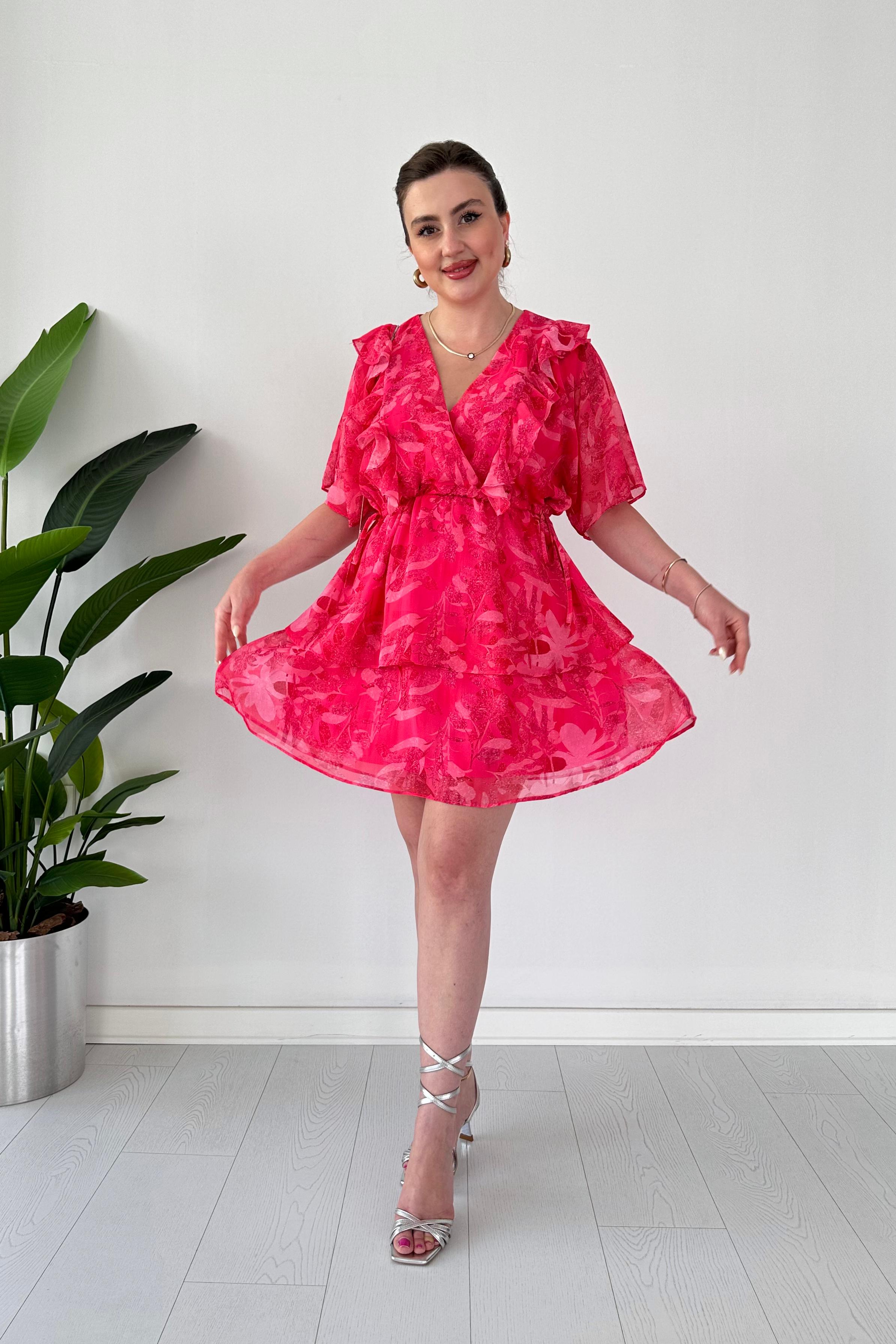 Farbalalı Katlı Şifon Elbise