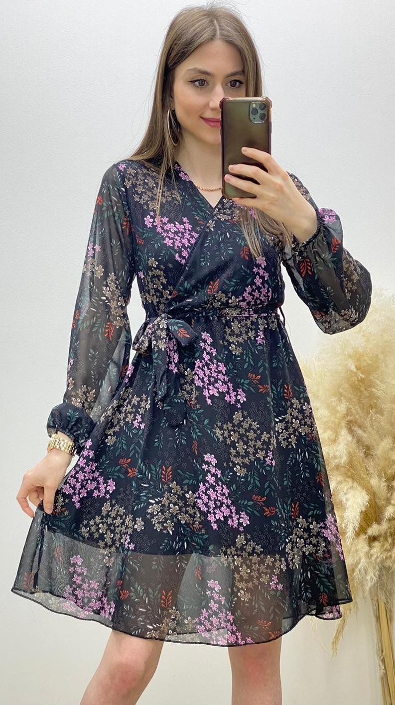 Sümbüllü Kruvaze Şifon Elbise Siyah