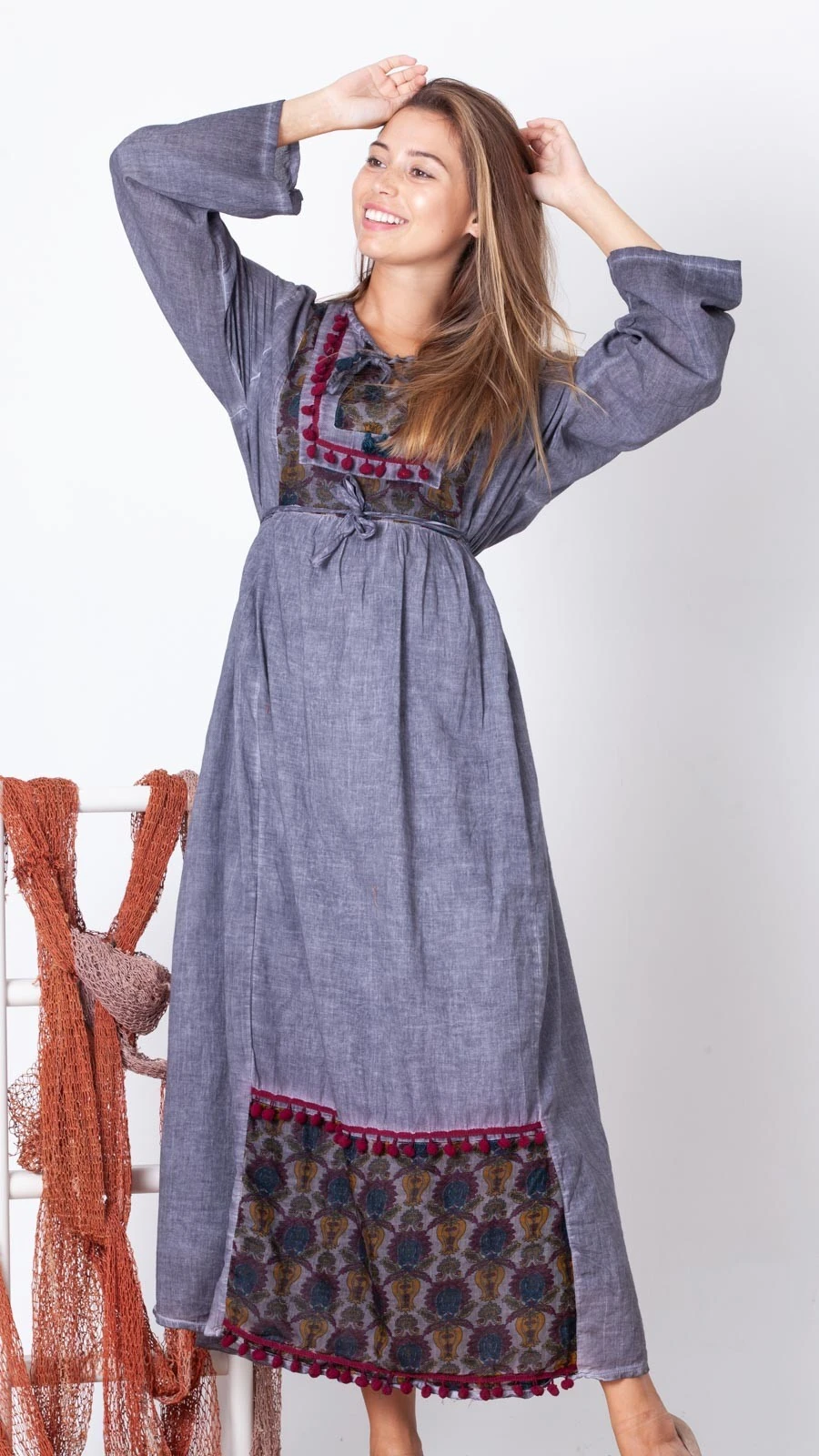 Japone Ponponlu Uzun Elbise