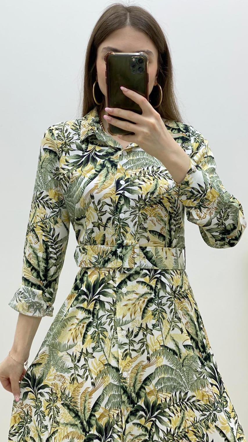 Tropikal Desen Uzun Gömlek Elbise