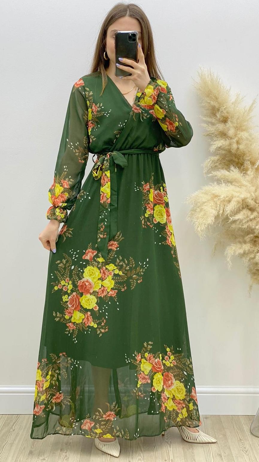 Maksi Boy Kruvaze Yaka Şifon Elbise Haki