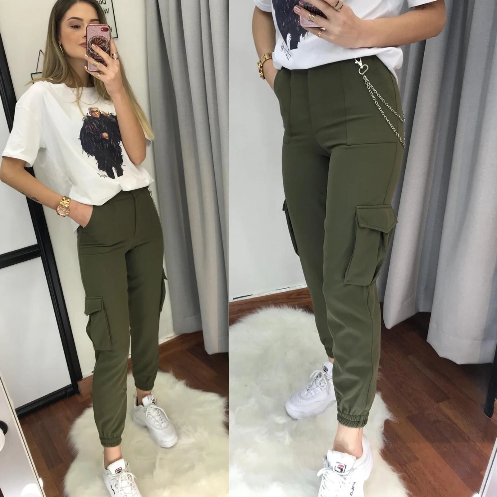 Zincirli Kargo Pantolon-Haki