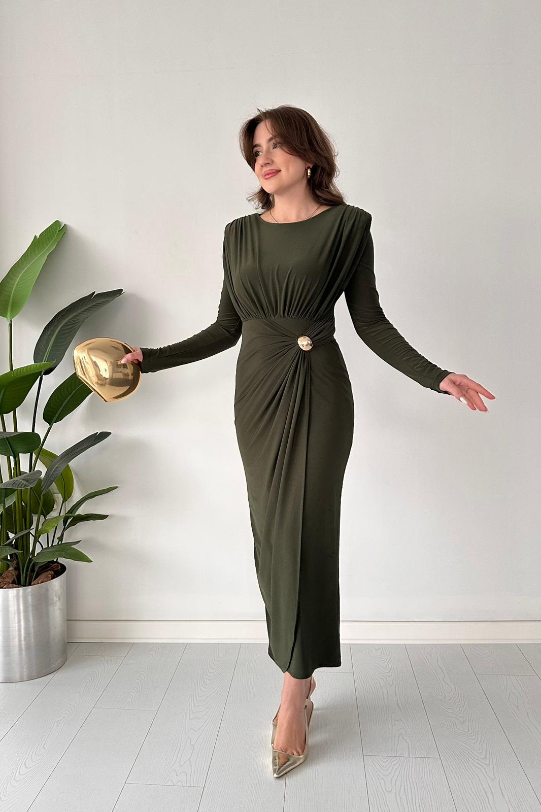 Drape Tokalı Esnek Elbise - Haki
