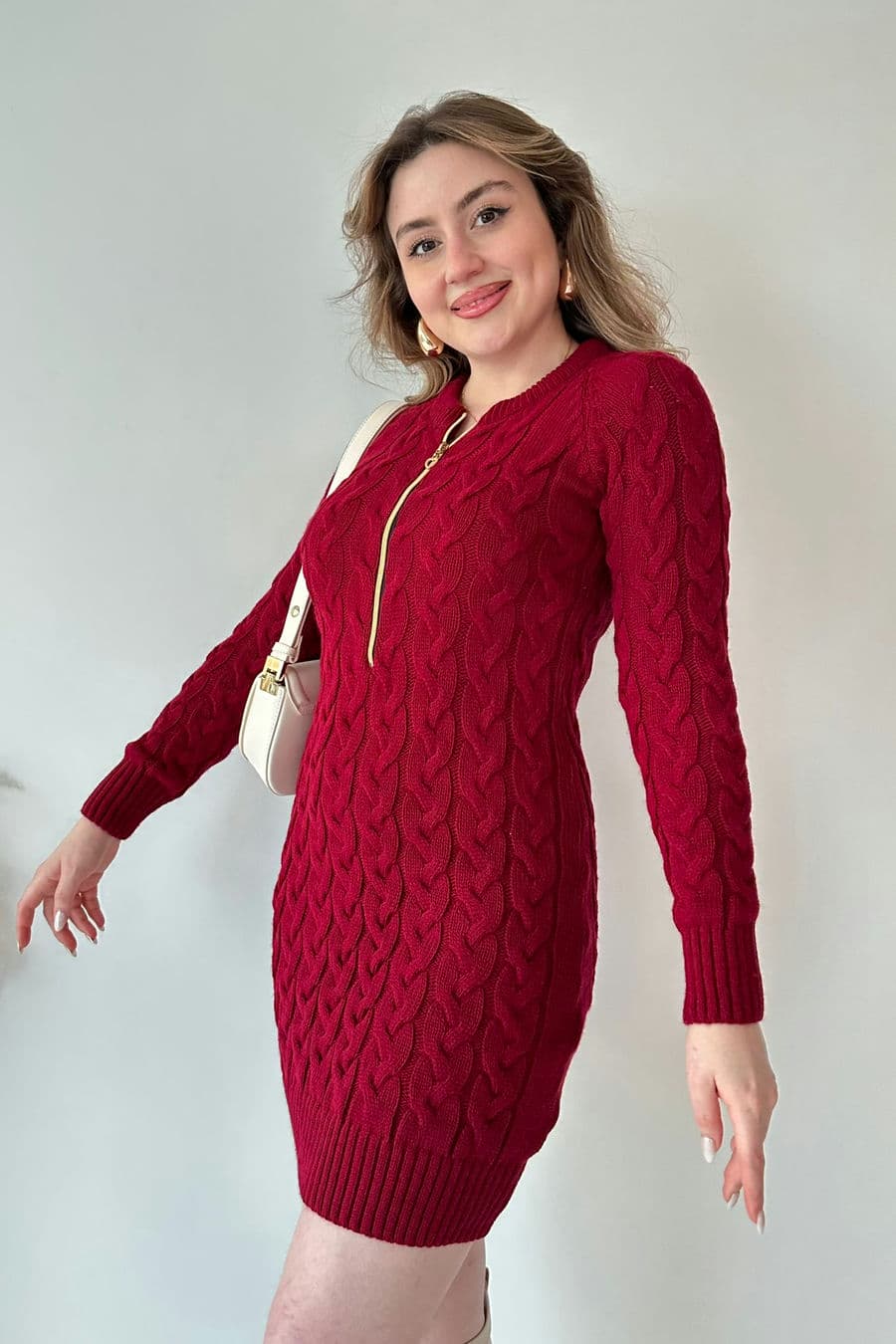 Saç Örgü Fermuar Detaylı Triko Elbise