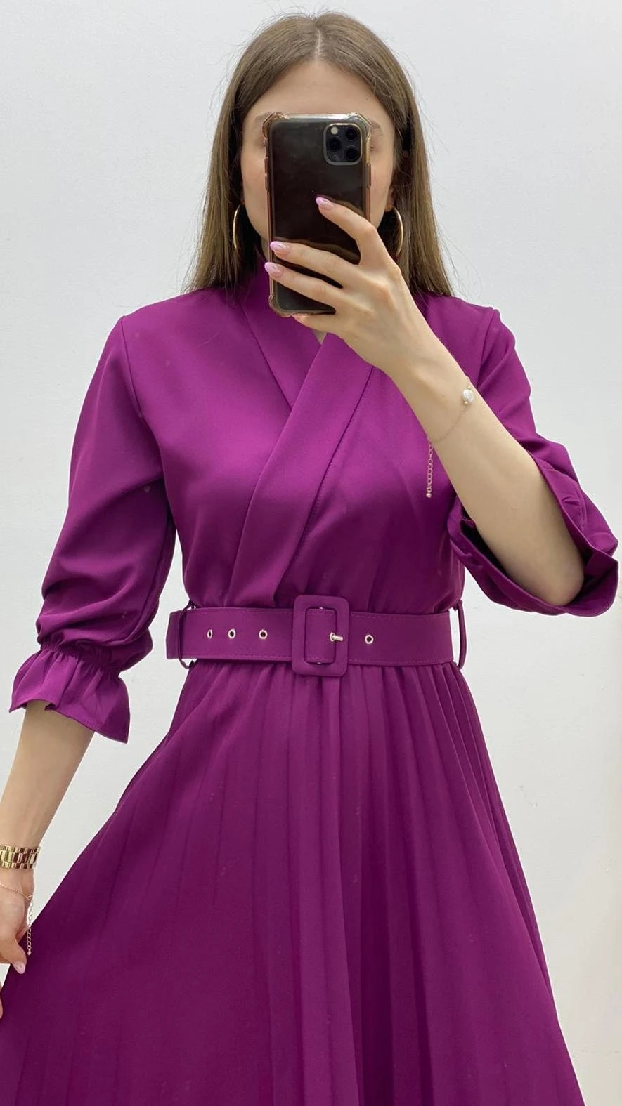 Kapri Kol Piliseli Kemerli Elbise Mürdüm