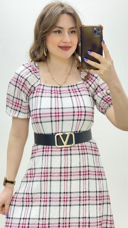 Ekoseli Astarlı Elbise Bordo