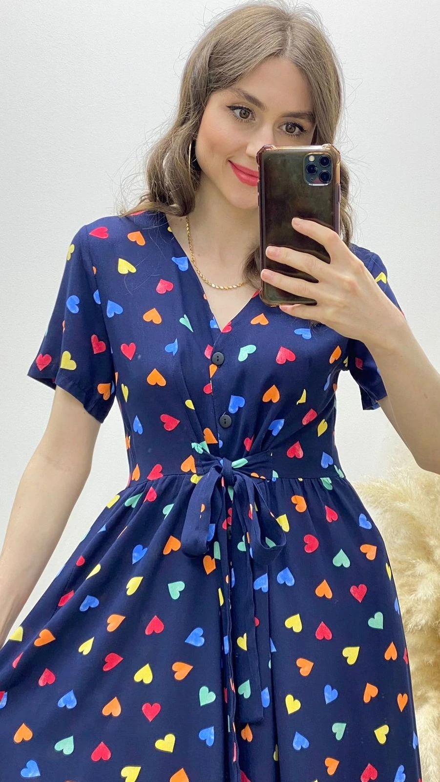 Renkli Kalpli Viskon Elbise Lacivert