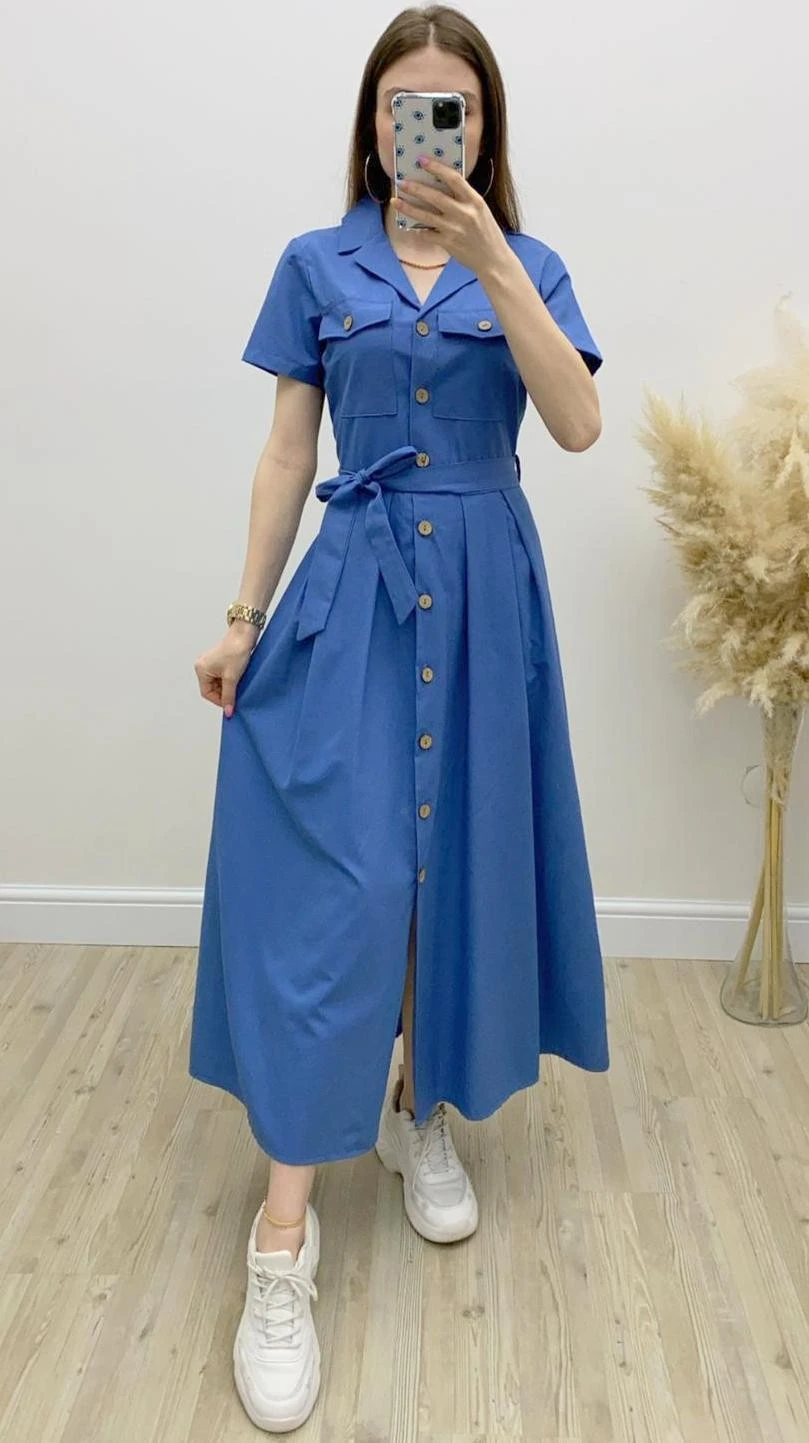 Kısa Kol Düğmeli Elbise Mavi