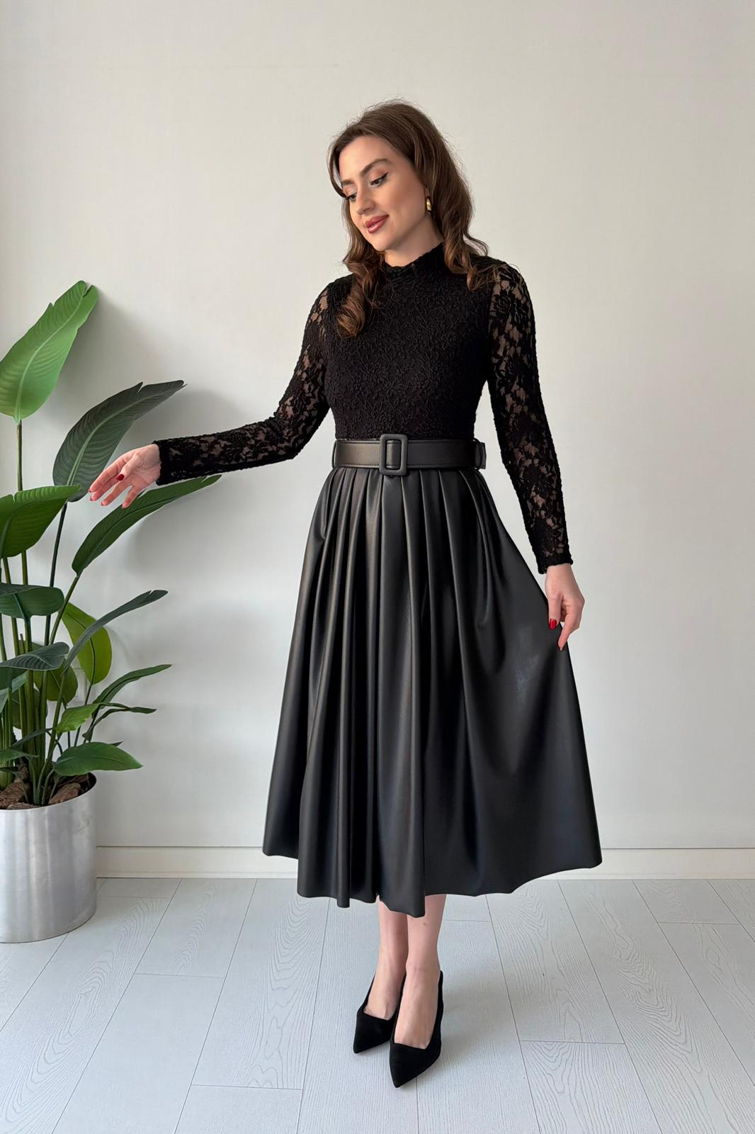 Deri Etekli Dantel Elbise - Siyah