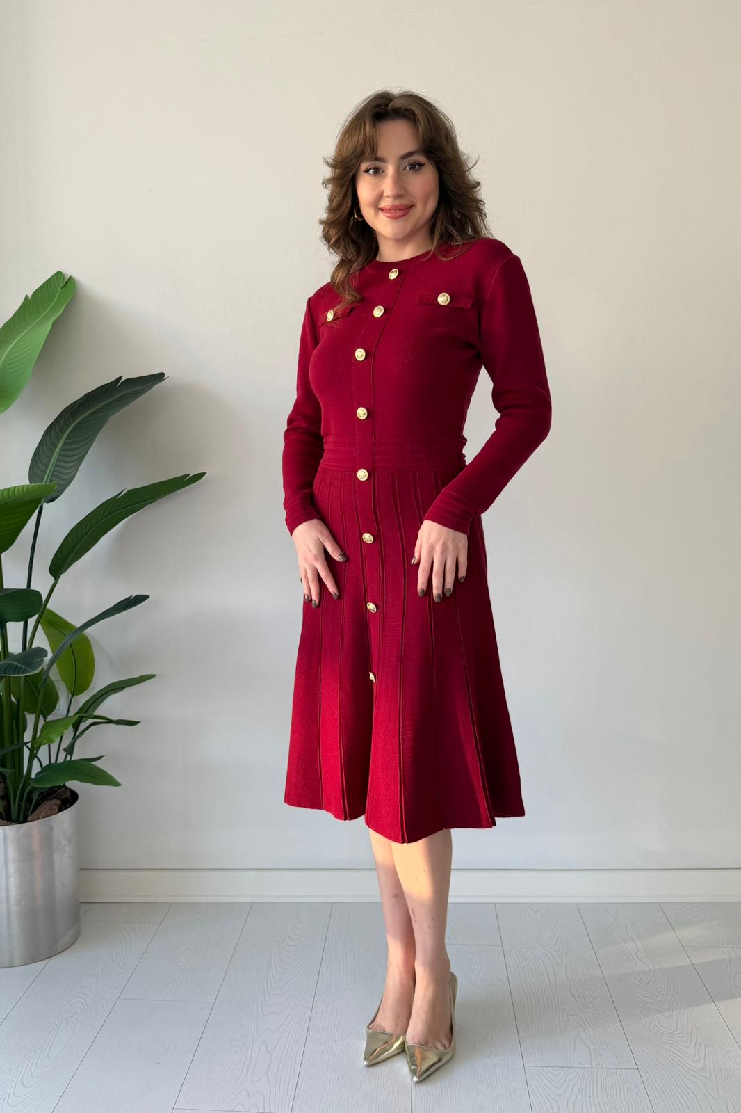 Düğme Detaylı Triko Elbise - Bordo