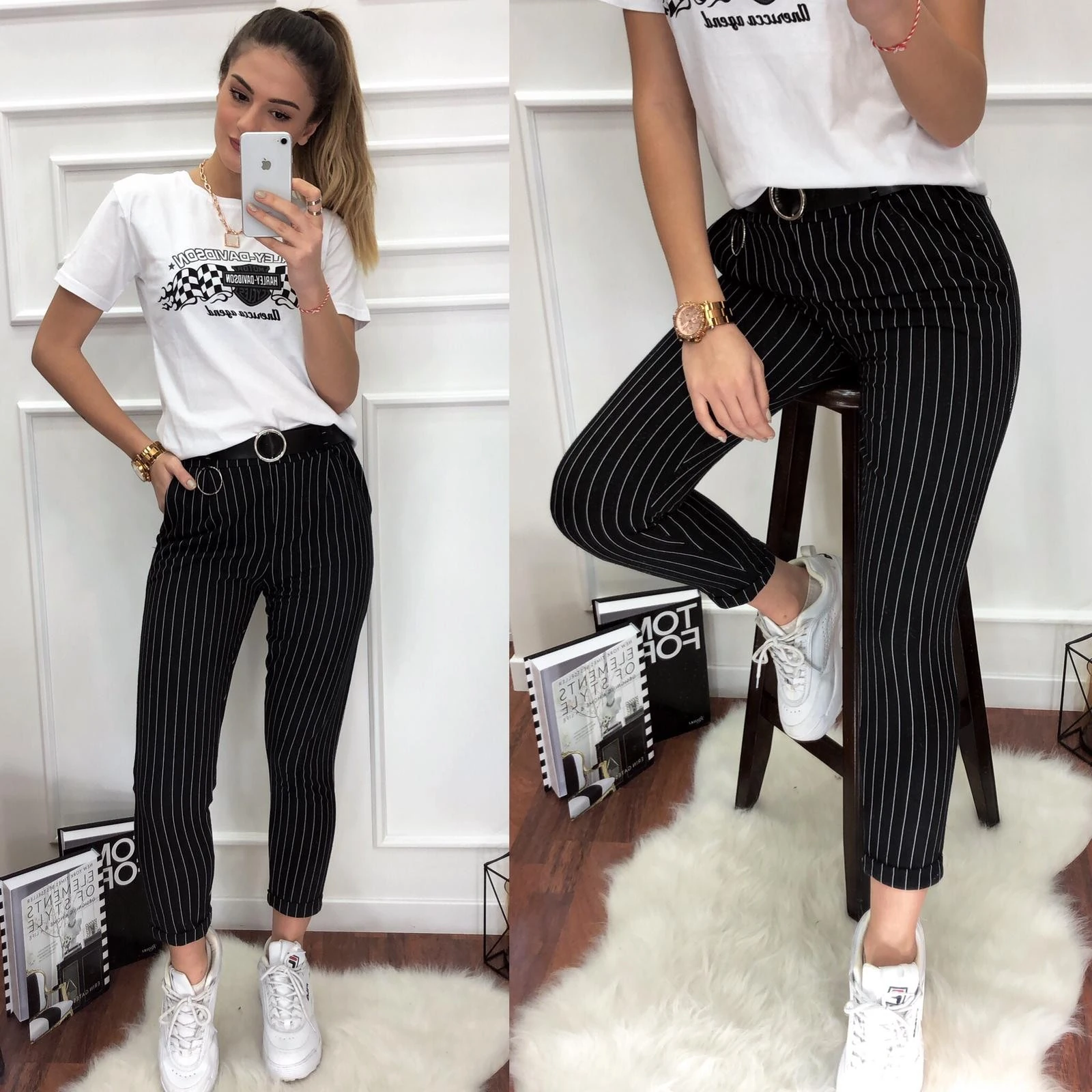 Çizgili Penye Pantolon-Siyah