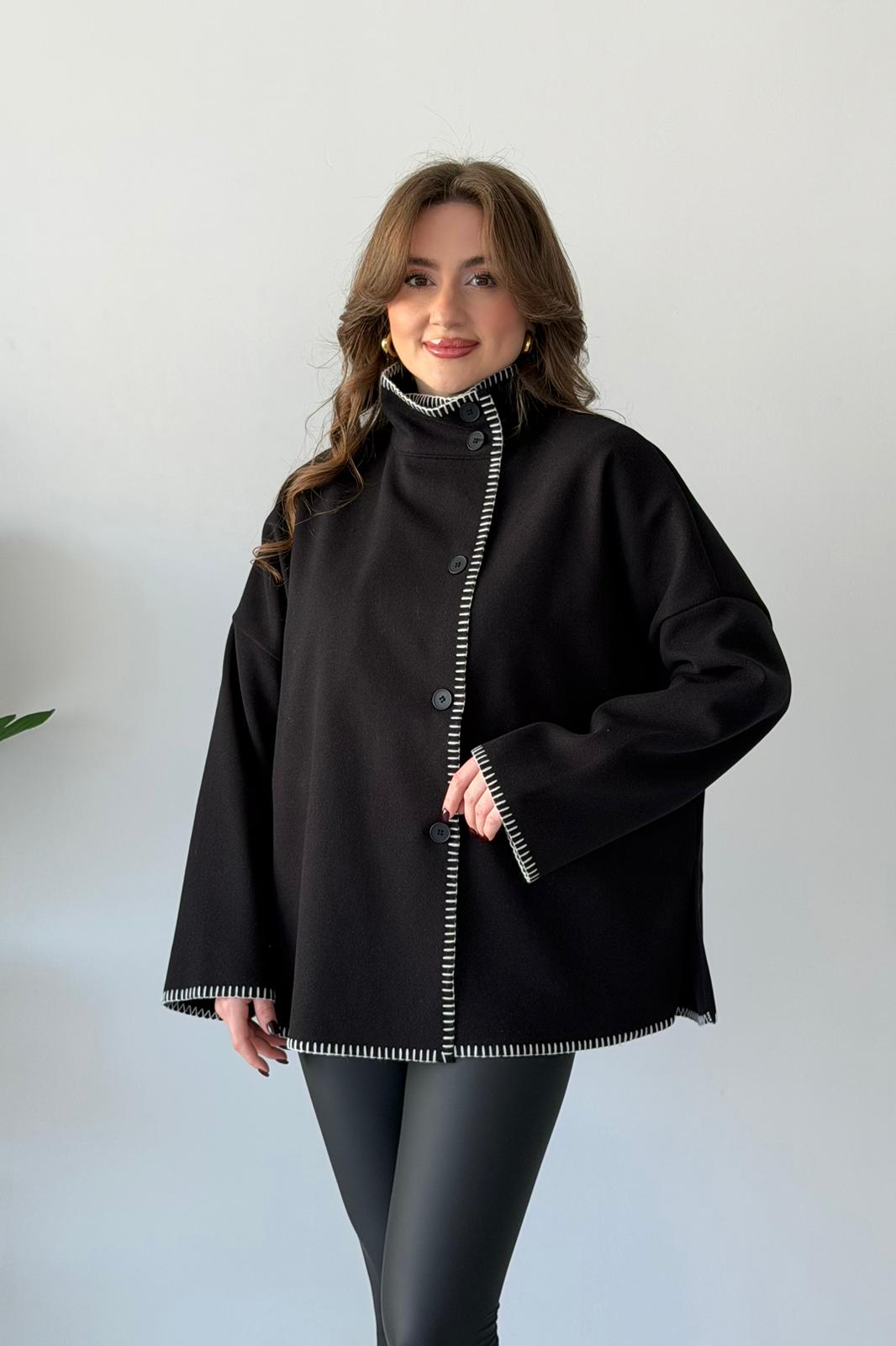 Çoban Dikişli Kaşe Ceket - Siyah