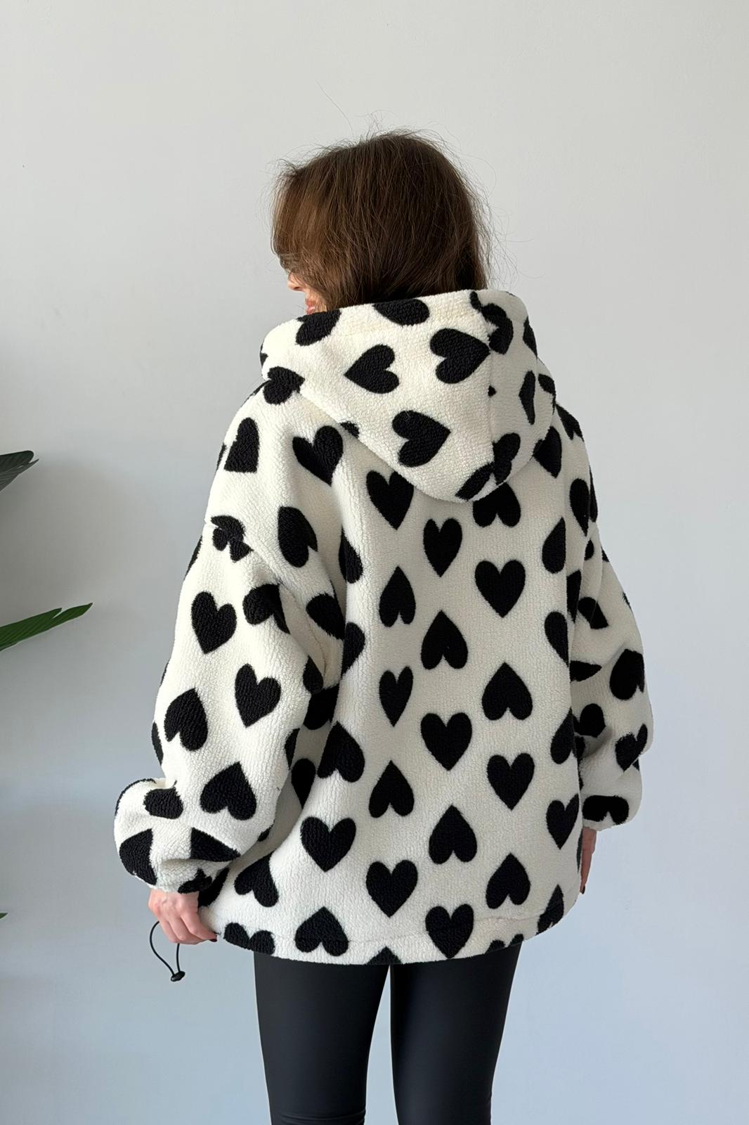 Kapşonlu Kalpli Peluş Mont