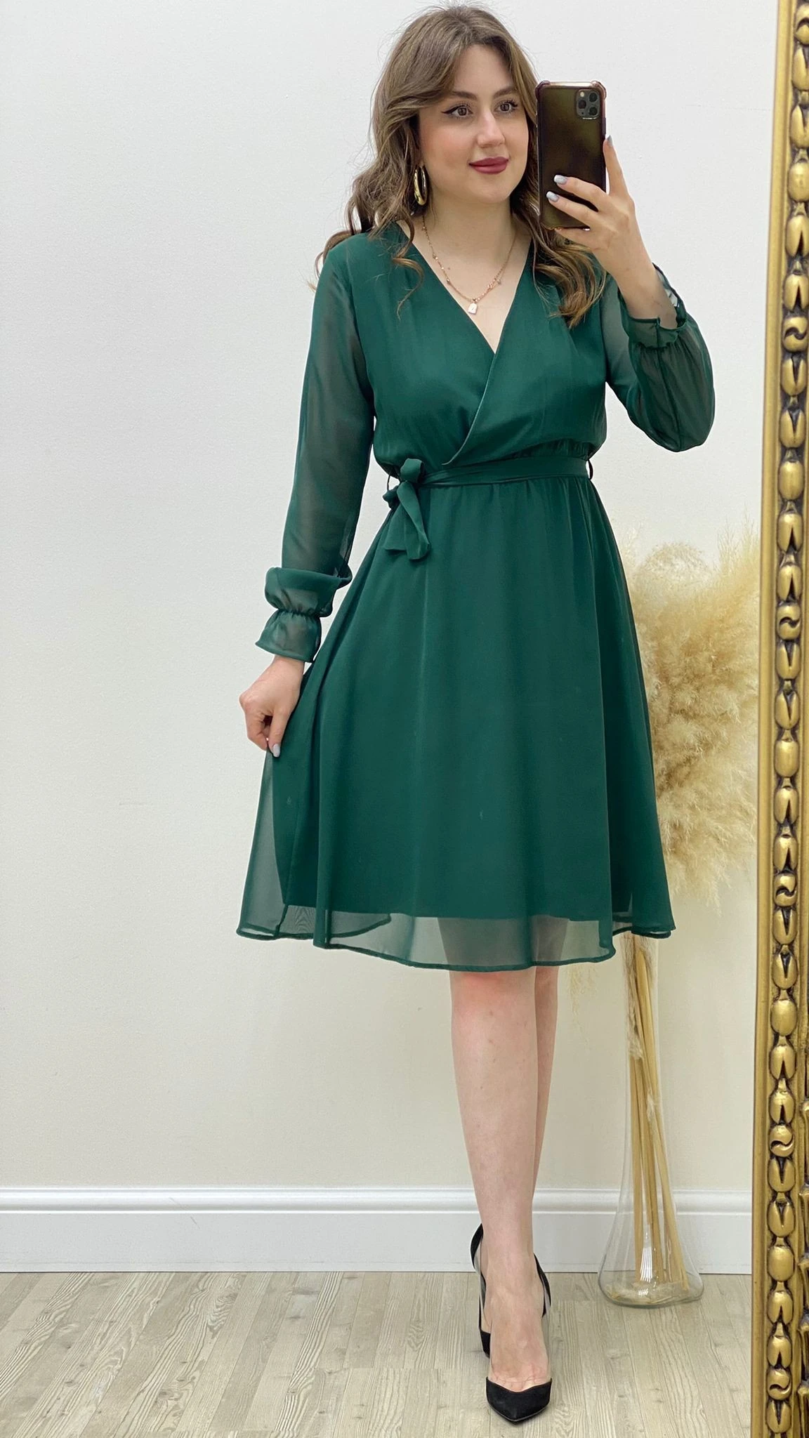 Kruvaze Şifon Elbise Yeşil