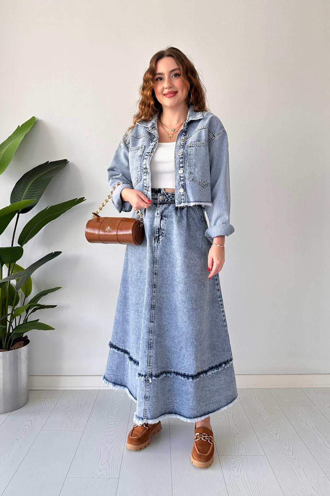 Kloş Etekli Denim Takım - Mavi