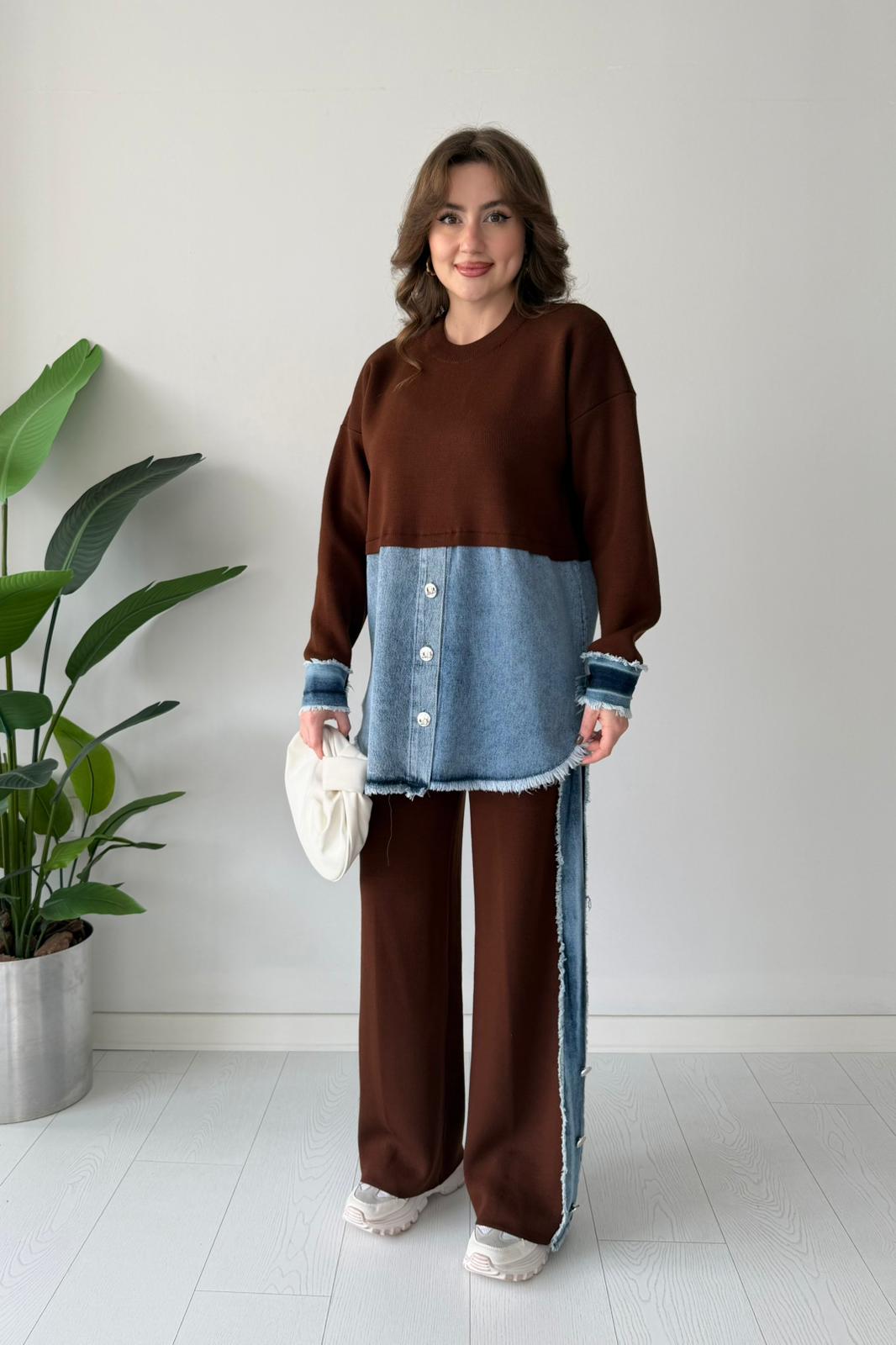 Denim Detaylı Triko Takım - Kahve