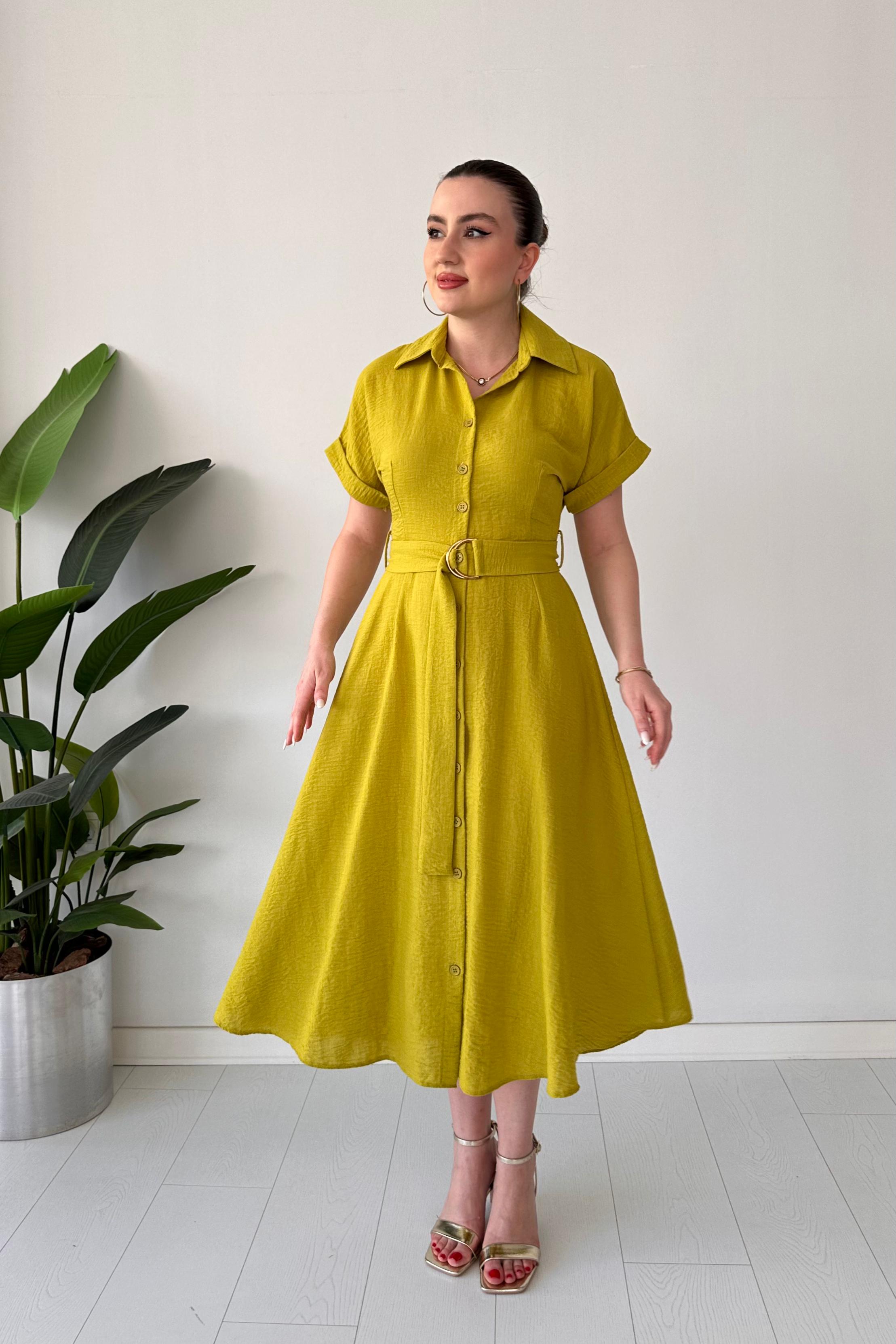 Metal Kuşaklı Gömlek Elbise