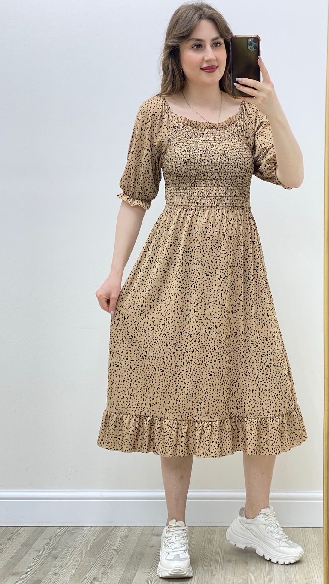 Gipeli Çakıl Krep Elbise Bej