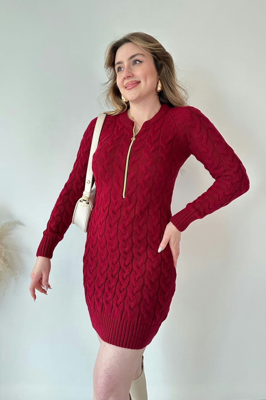 Saç Örgü Fermuar Detaylı Triko Elbise