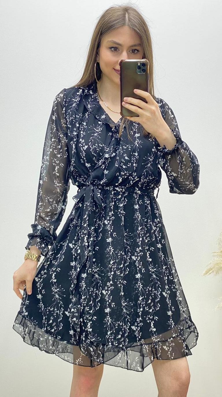 Fırfır Detaylı Kruvaze Şifon Elbise Siyah