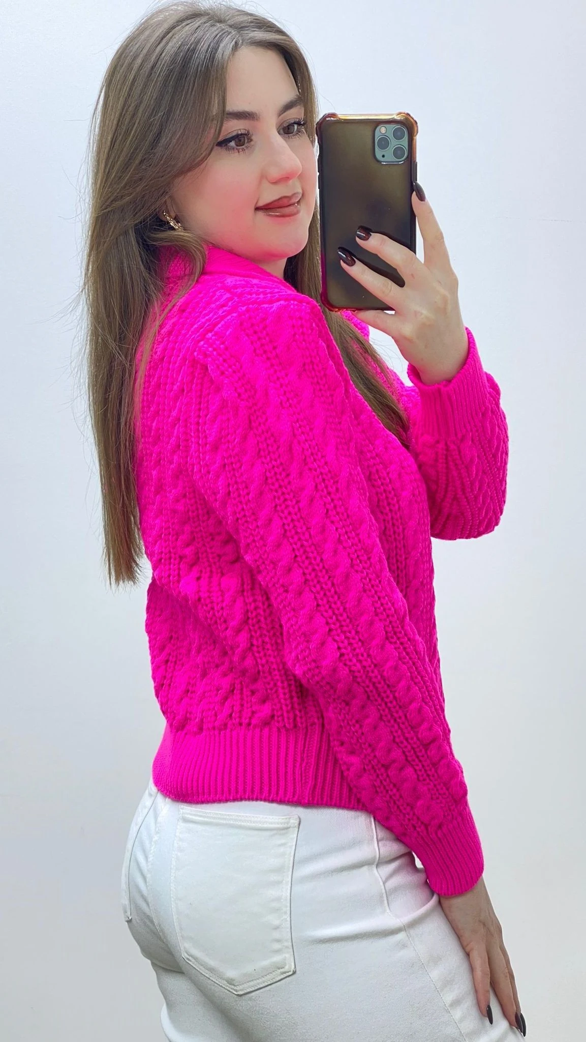 Taş Düğmeli Triko Kazak Fuşya