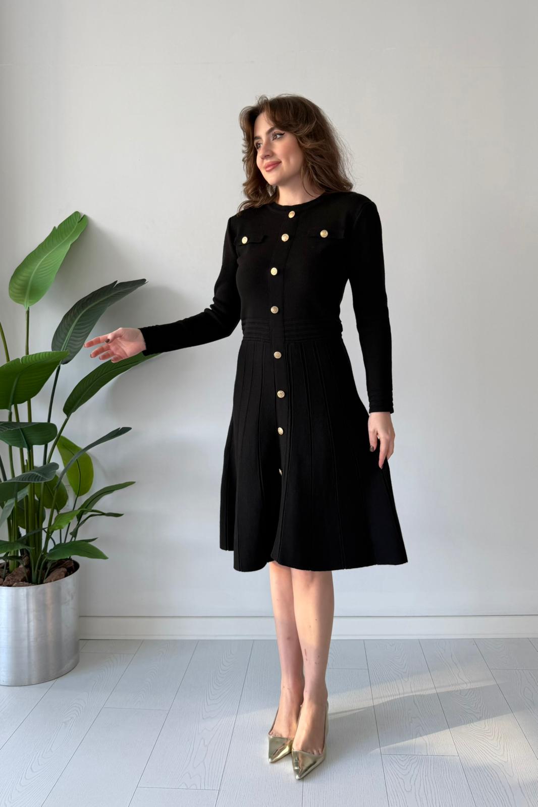 Düğme Detaylı Triko Elbise - Siyah