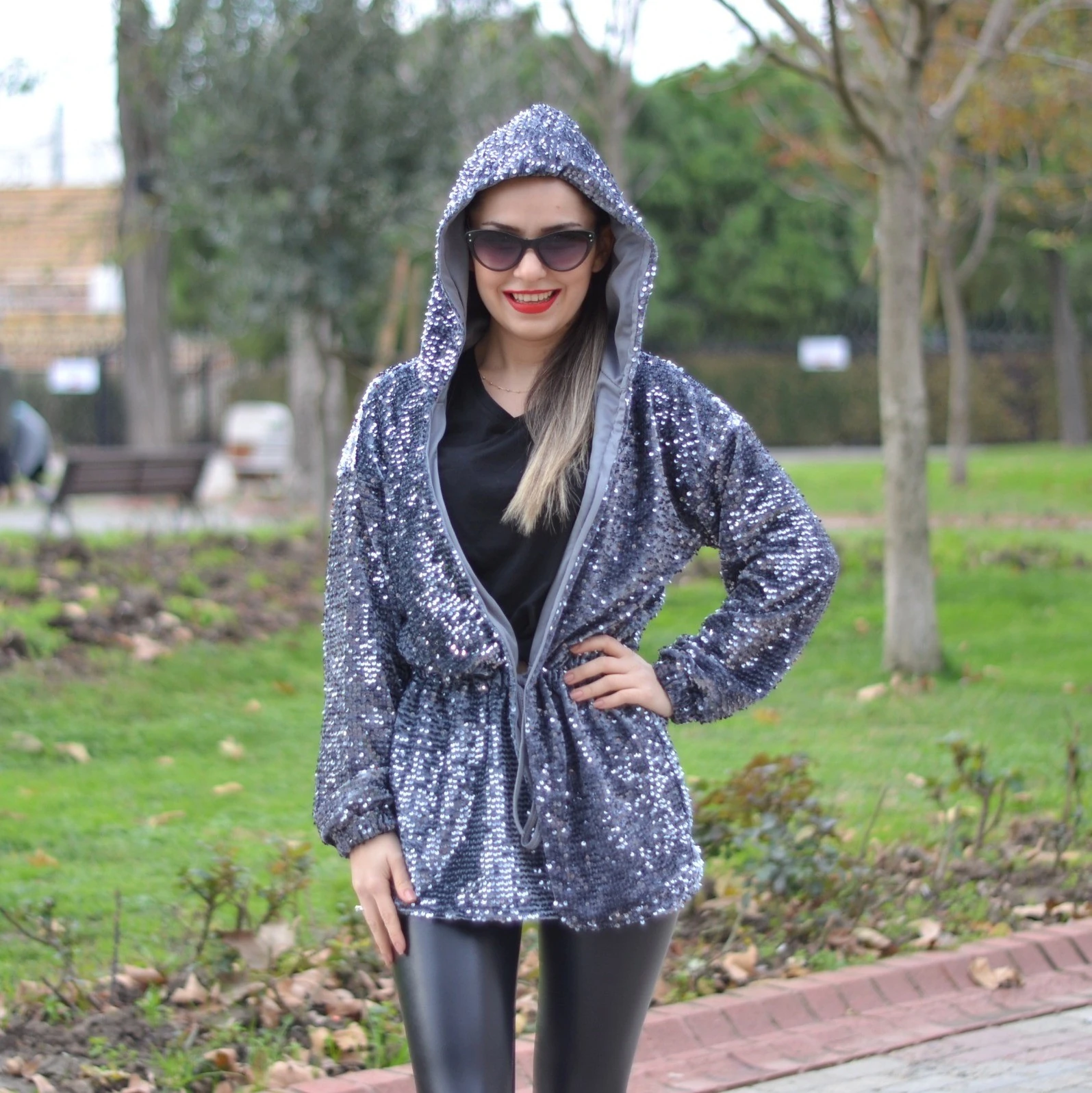 Pullu Kapuşonlu Sweatshirt Uzun Gri