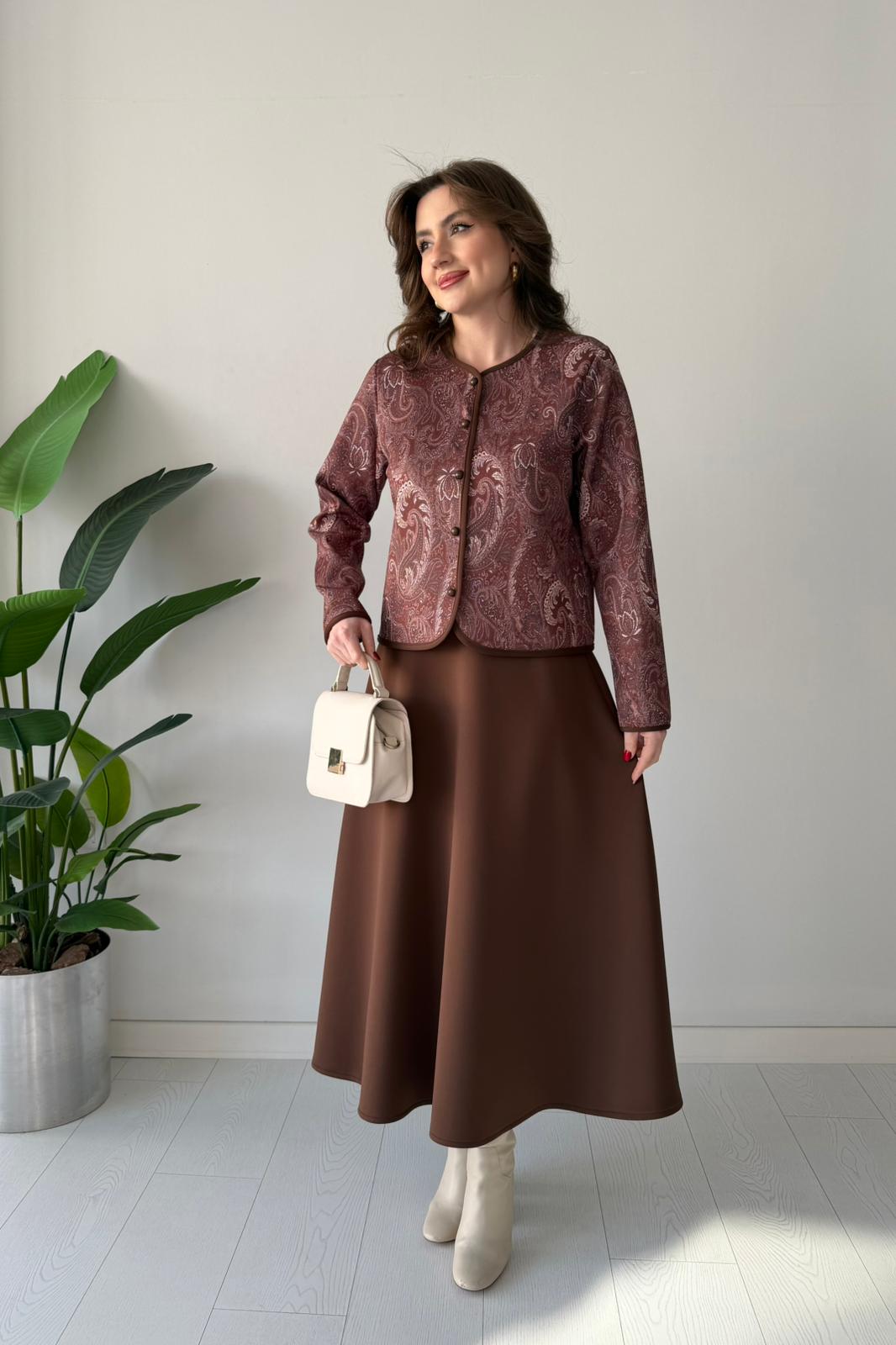 Şal Desen Etekli Takım - Kahve