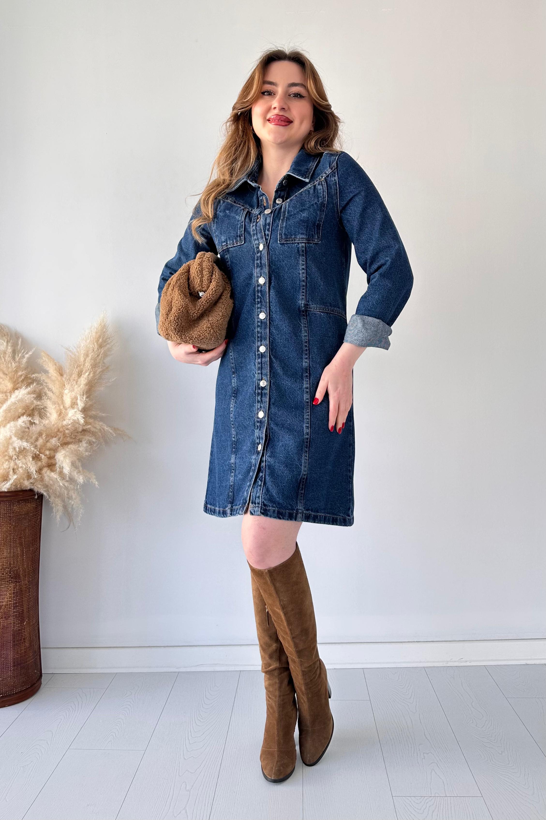 Cep Detay Denim Elbise