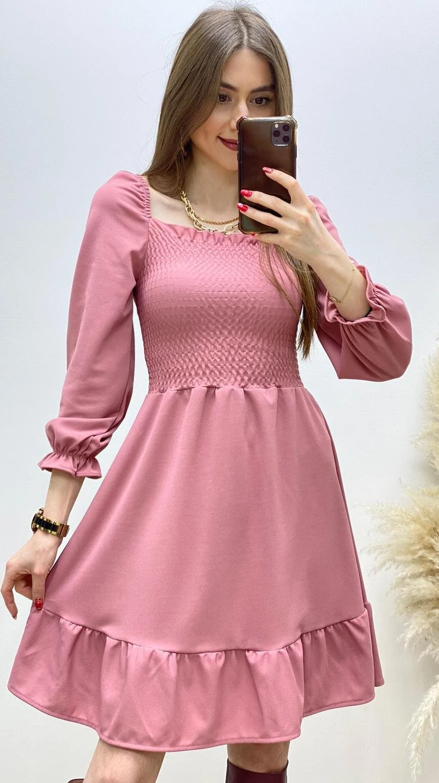 Gipeli Kare Yaka Kloş Elbise Pudra