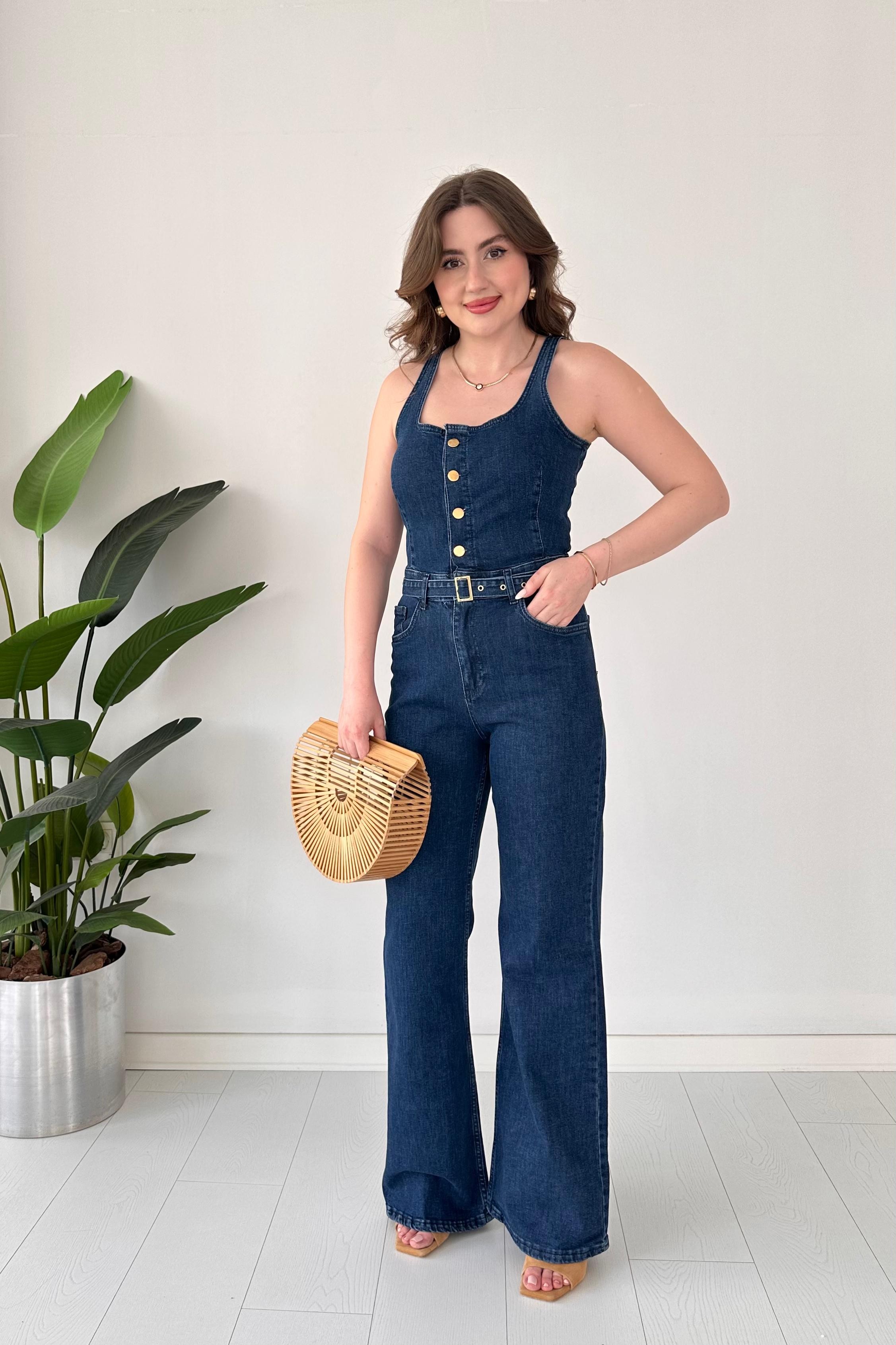 Askılı Flare Denim Tulum