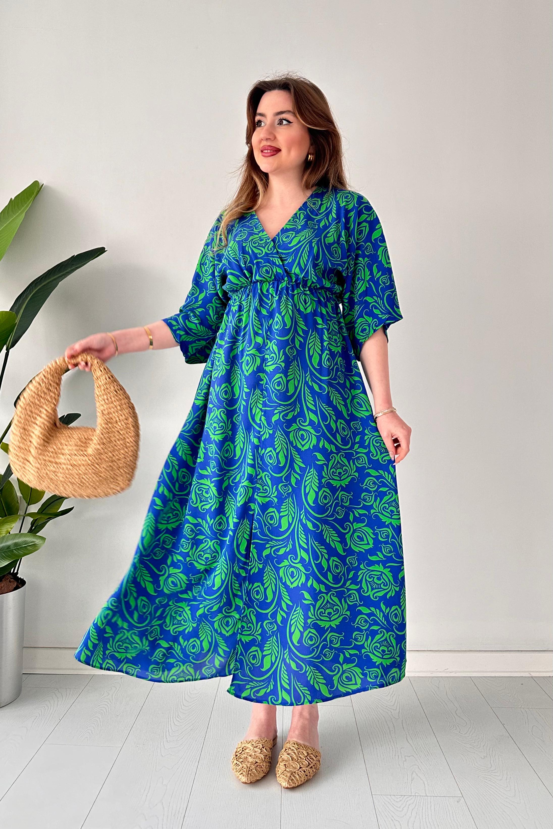 Yırtmaçlı Yarasa Kol Viskon Elbise Saks Mavisi