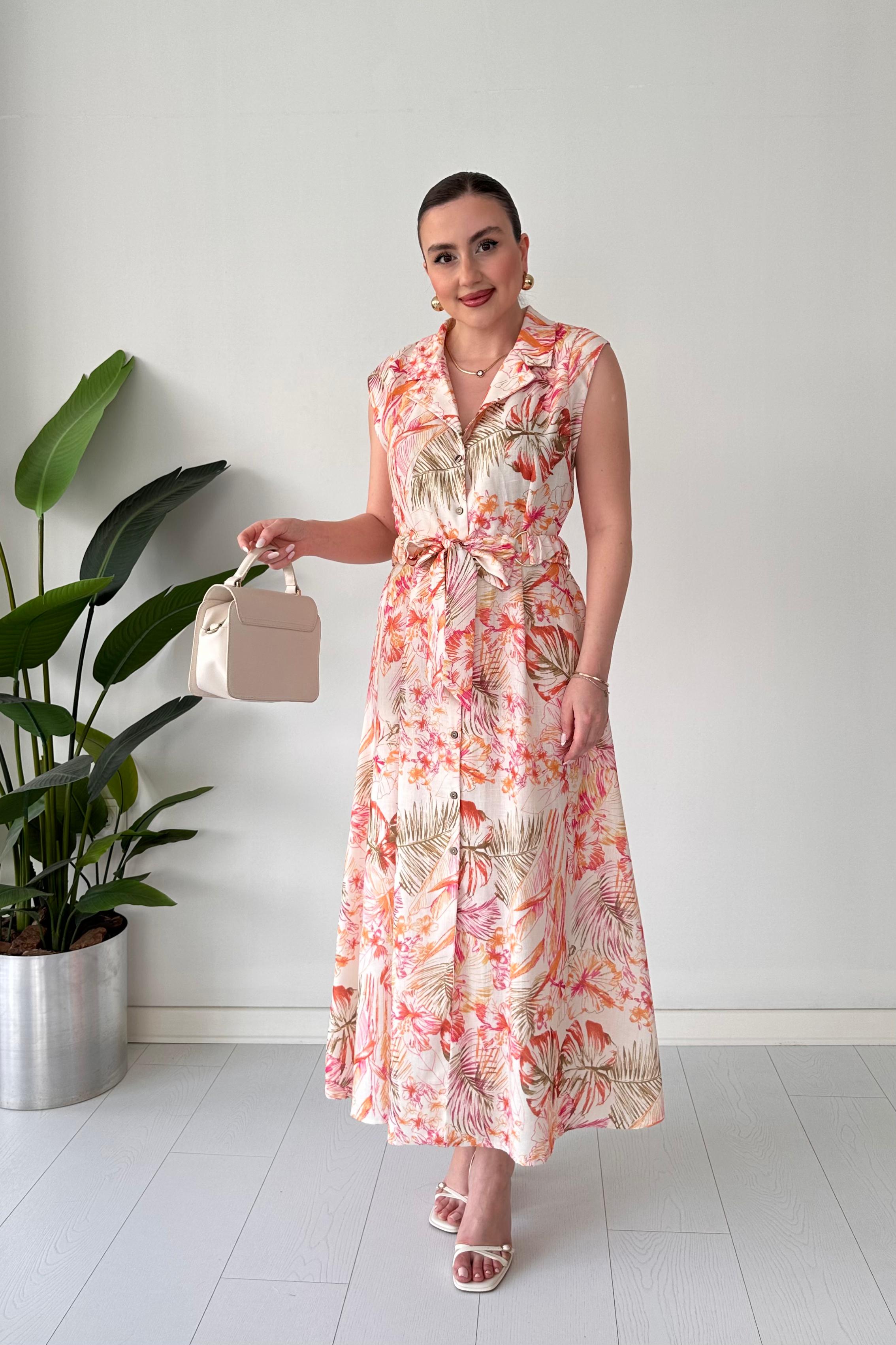 Floral Keten Elbise - Krem