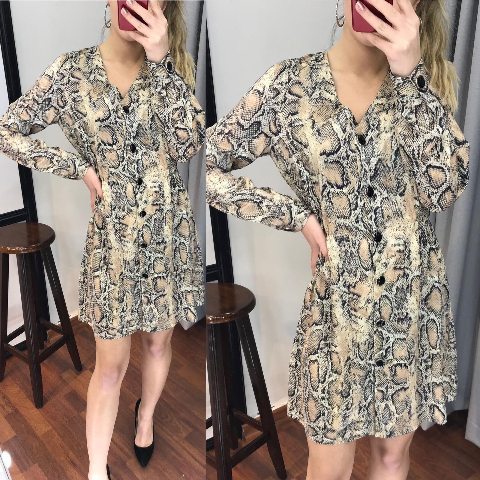 Yılan Desen Elbise Kısa