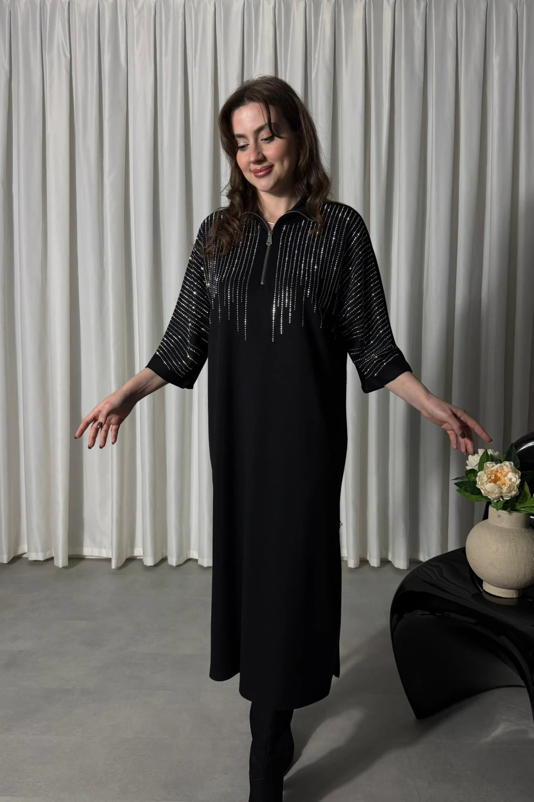 Yarım Kol Parıltılı Elbise - Siyah