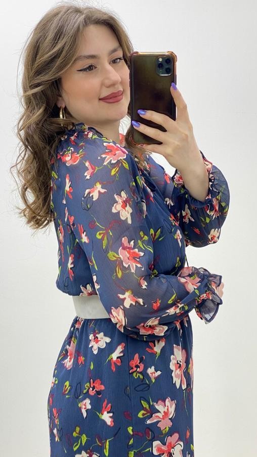 Süet Kemerli Floral Şifon Elbise