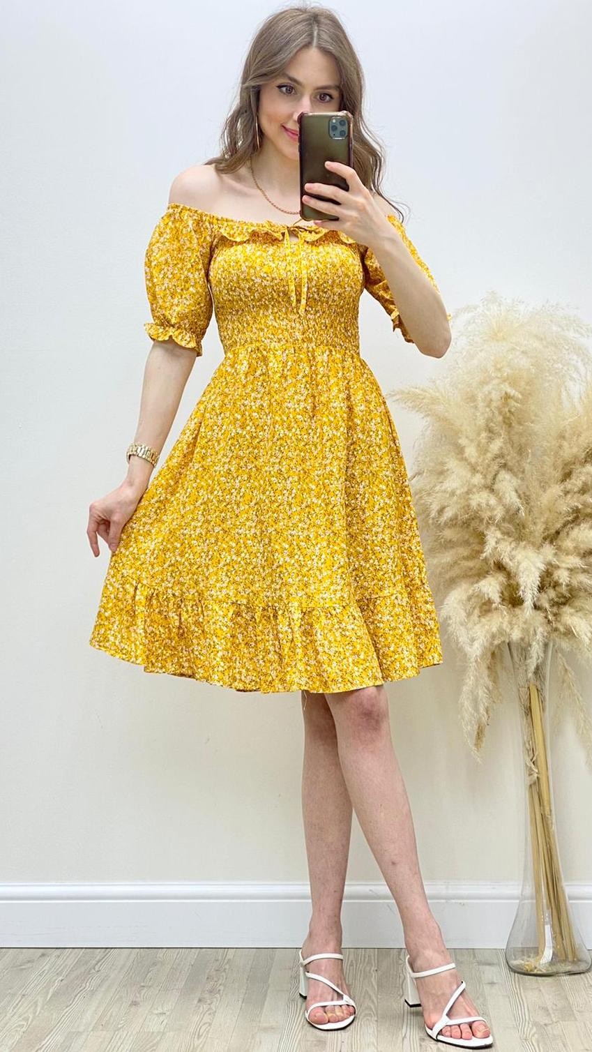 Kısa Kol Çıtır Desen Gipeli Kloş Elbise Sarı