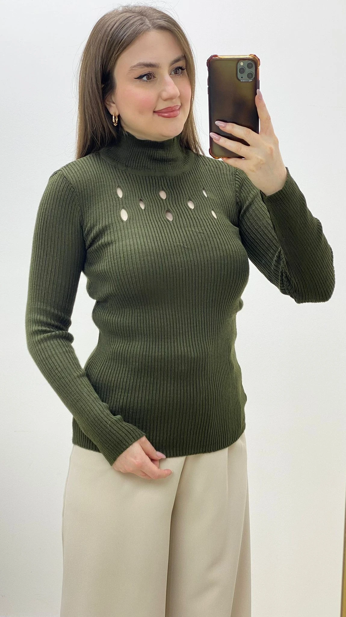 Damla Yaka Triko Kazak Haki