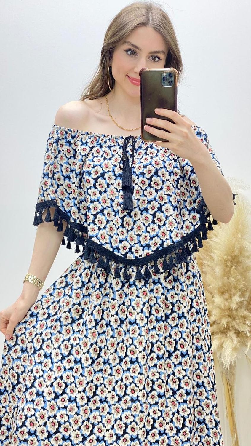 Püsküllü Pelerin Yaka Viskon Elbise Siyah