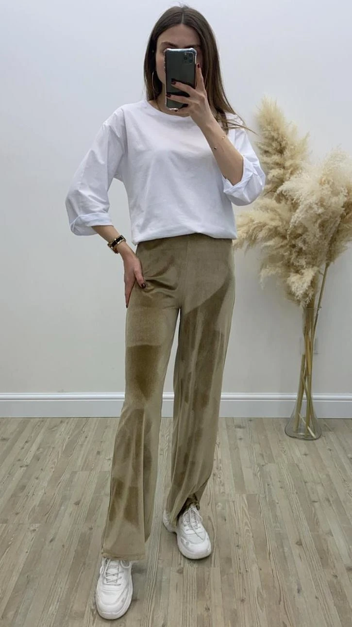 Kadife Bol Paça Tayt Pantolon Gold