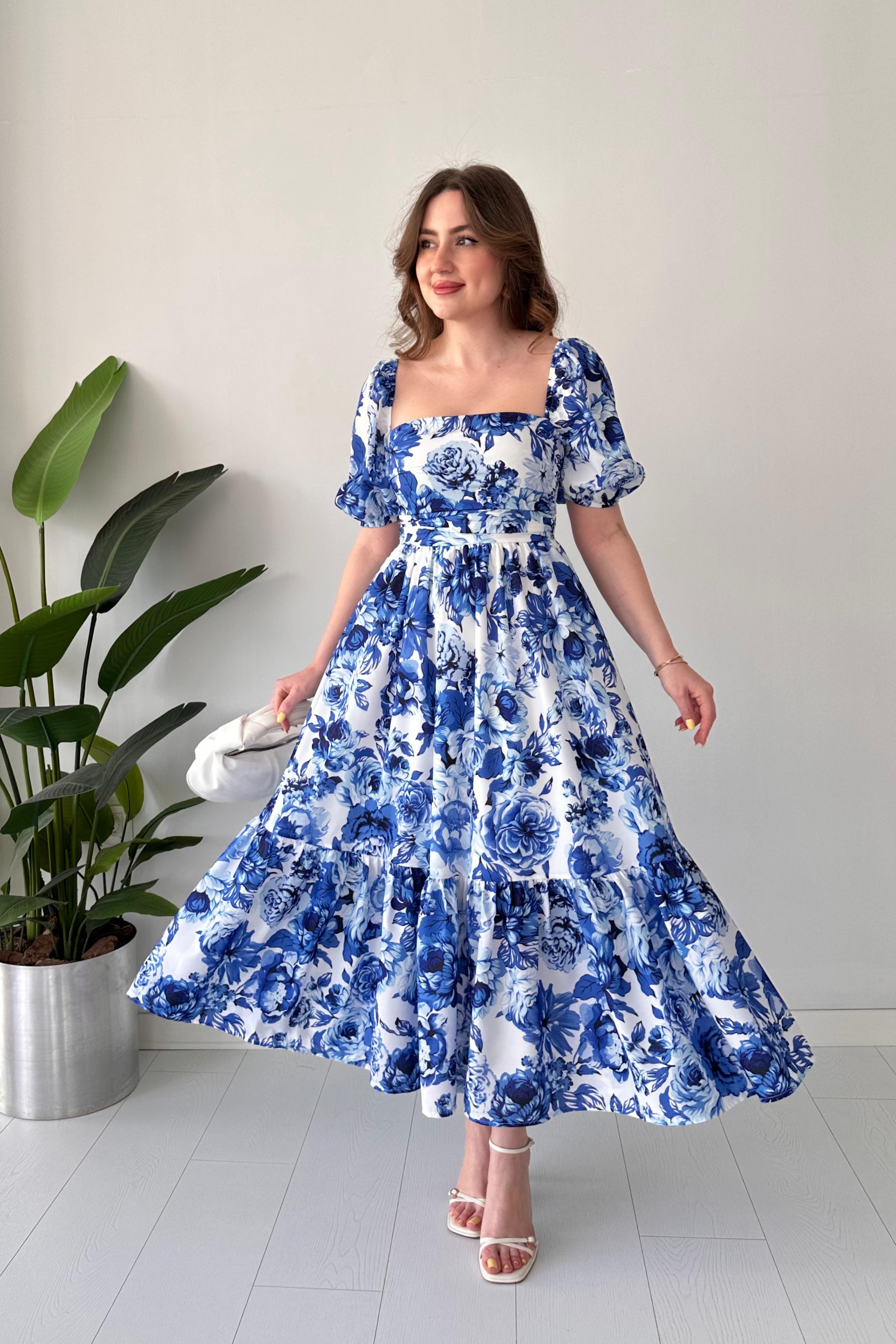 Mavi Çiçekli Elbise - Mavi