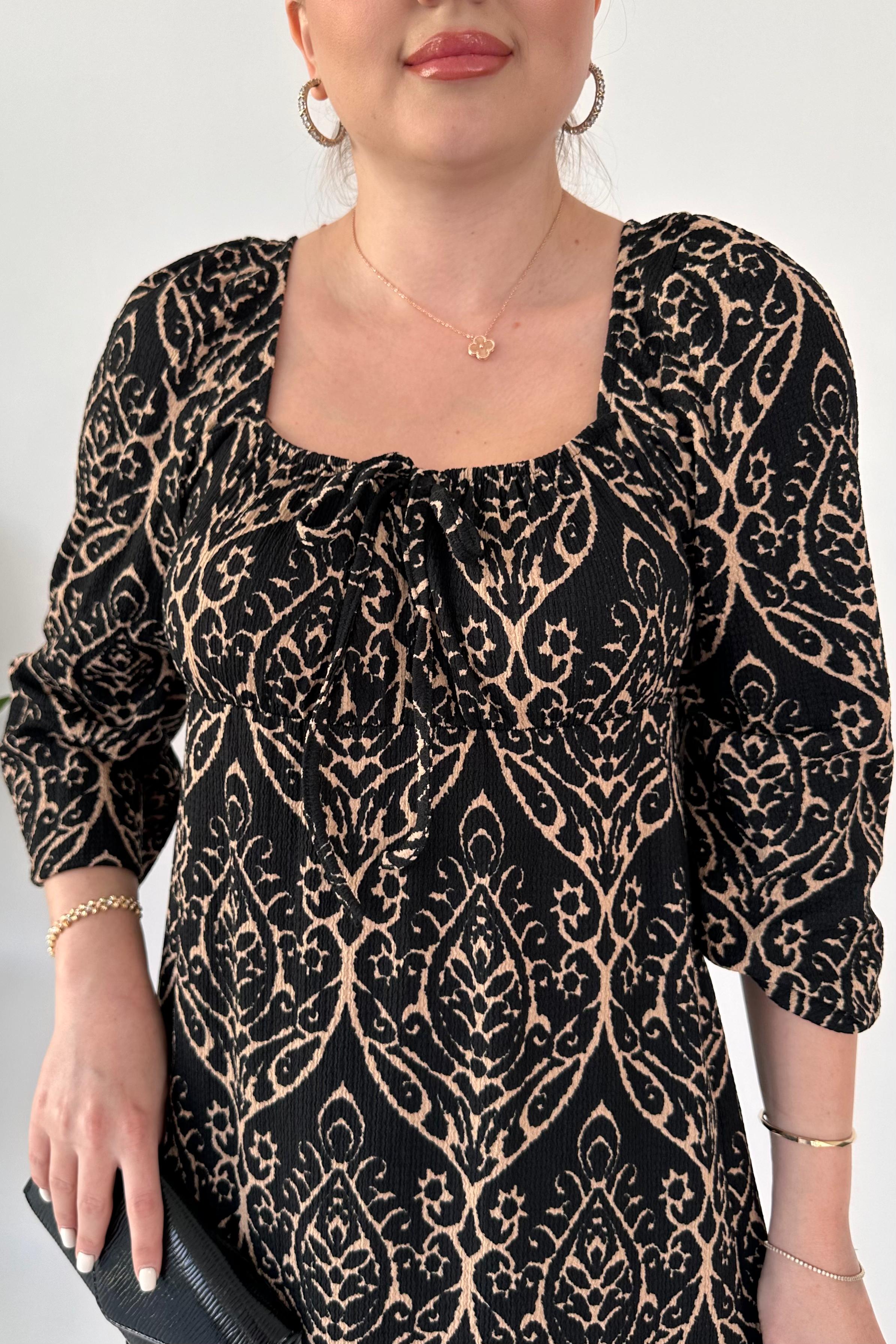 Etnik Desenli Gofre Elbise