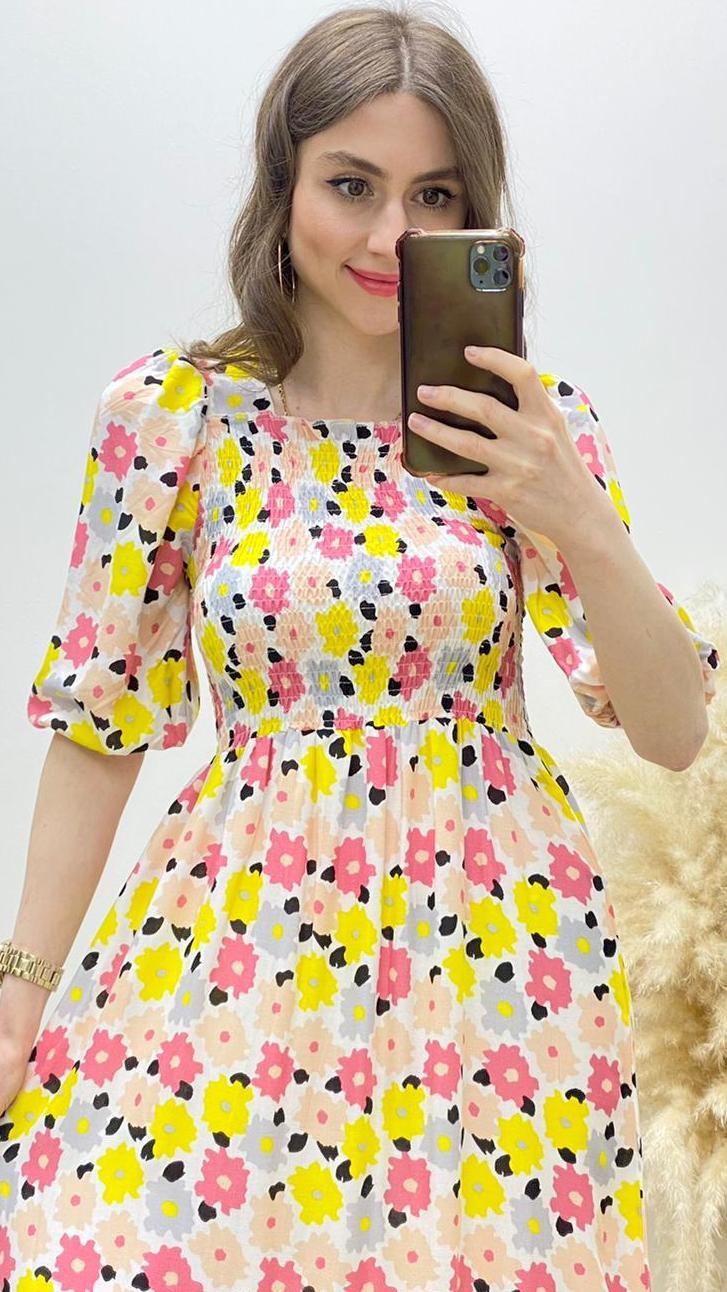 Renkli Çiçekli Gipeli Viskon Elbise Sarı