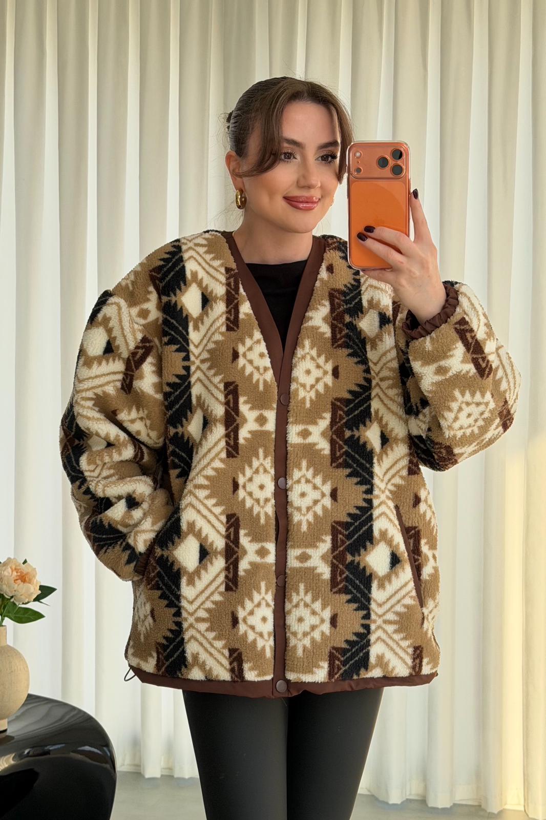 Etnik Desen Peluş Mont