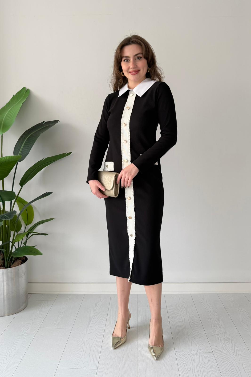 Yaka Detay Esnek Elbise - Siyah