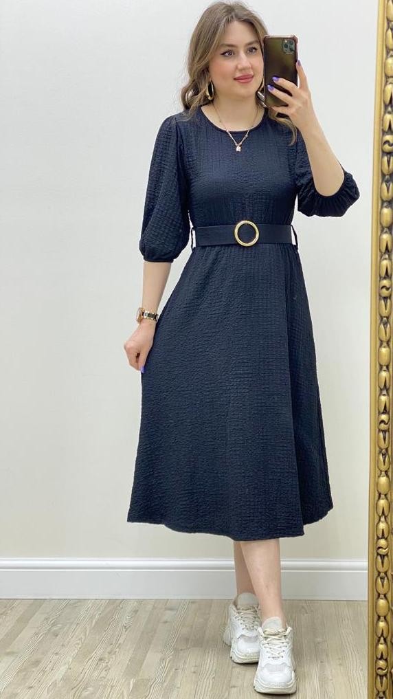 Dokulu Midi Boy Elbise Siyah