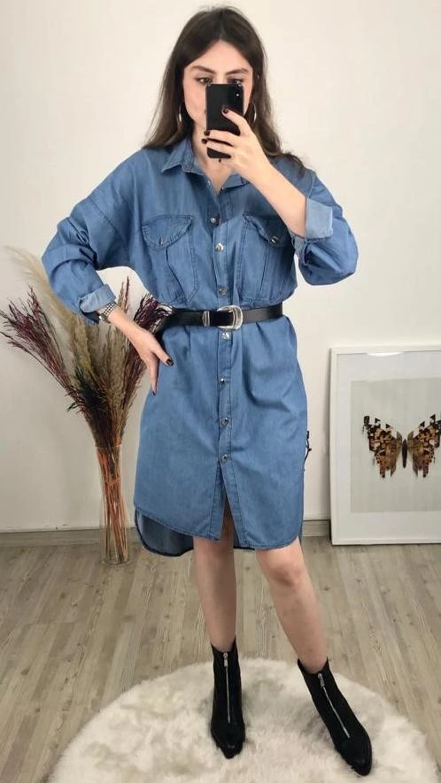 Çıt Çıt Düğmeli Jean Tunik Elbise - Mavi