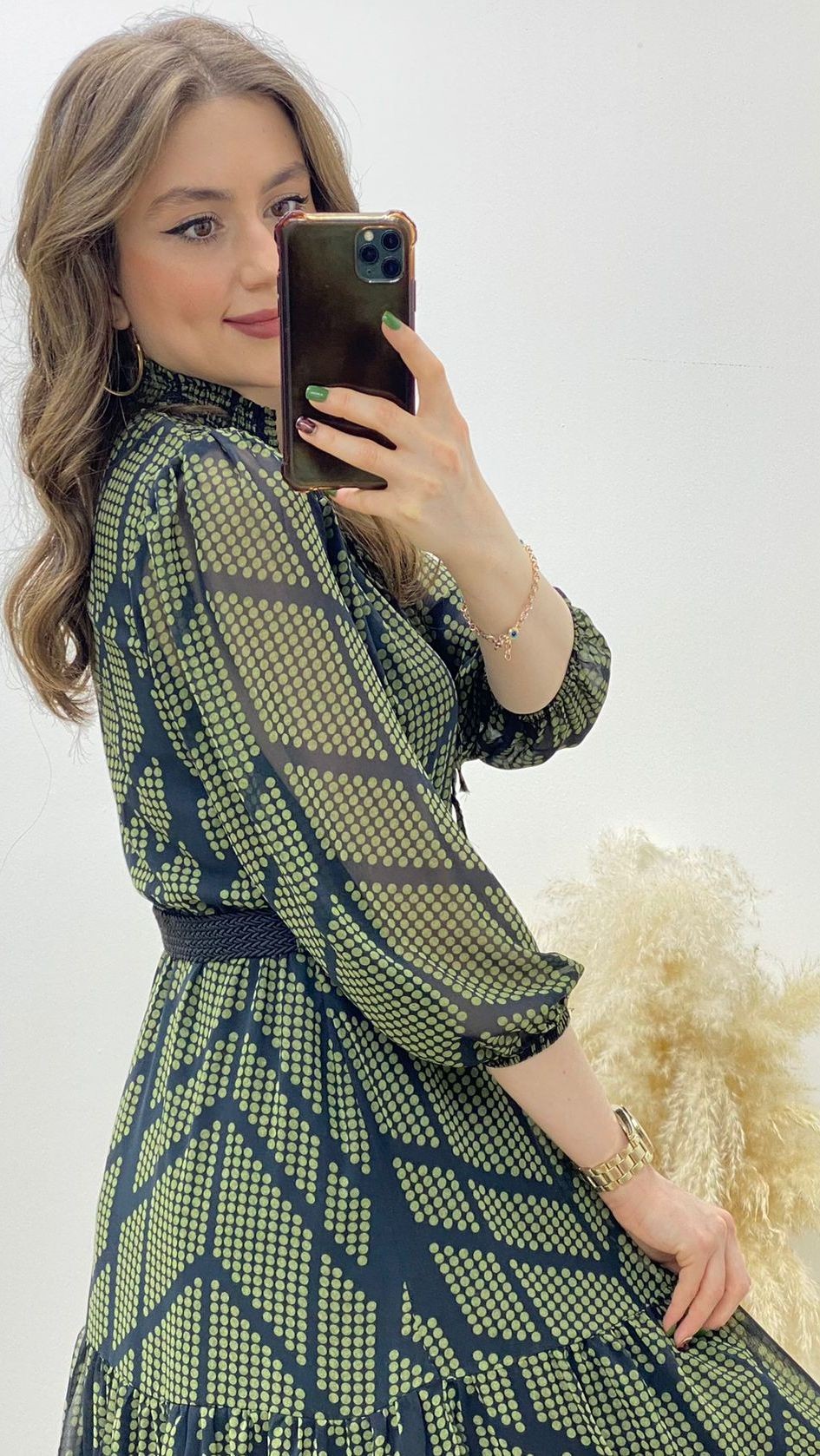 Halka Kemer Puanlı Şifon Elbise Haki